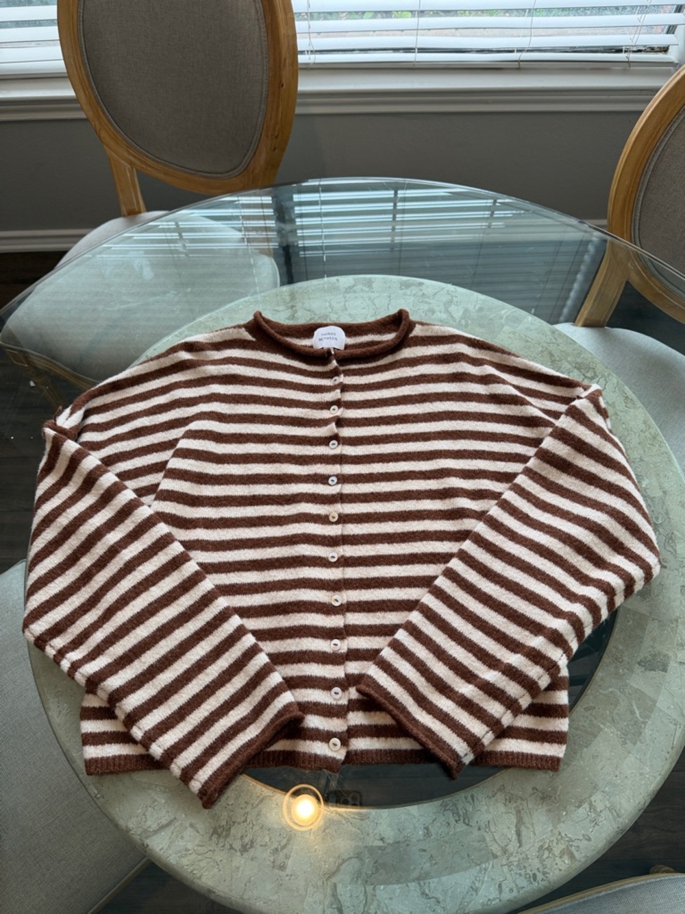Striped Brown and Cream Button-Front Knit Cardigan